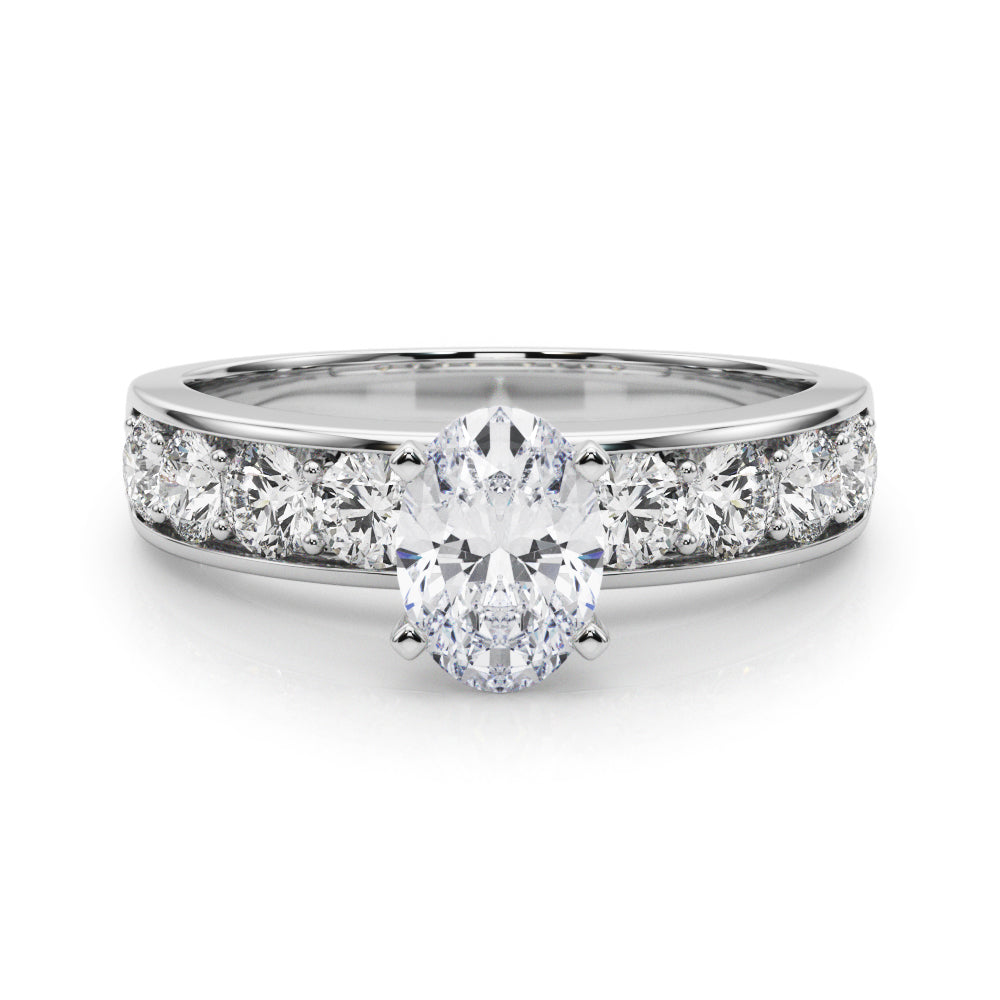 Silver Oval Cut Channel Set Diamond Engagement Ring with Four-Prong Setting