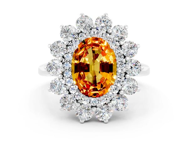 Silver Oval Cut Citrine Floral Double Halo Engagement Ring with Prong Setting
