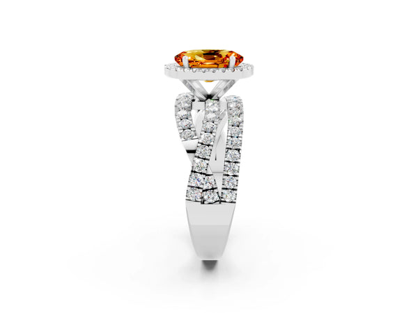 Silver Oval Cut Citrine Halo Ring with Round Split Shank and Prong Setting