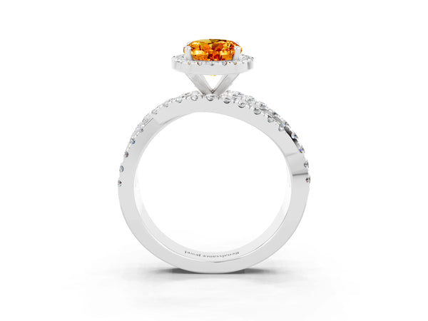 Silver Oval Cut Citrine Halo Ring with Round Split Shank and Prong Setting