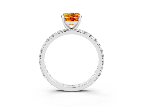 Silver Oval Cut Citrine Pavé Solitaire Ring with Round Band and Prong Setting