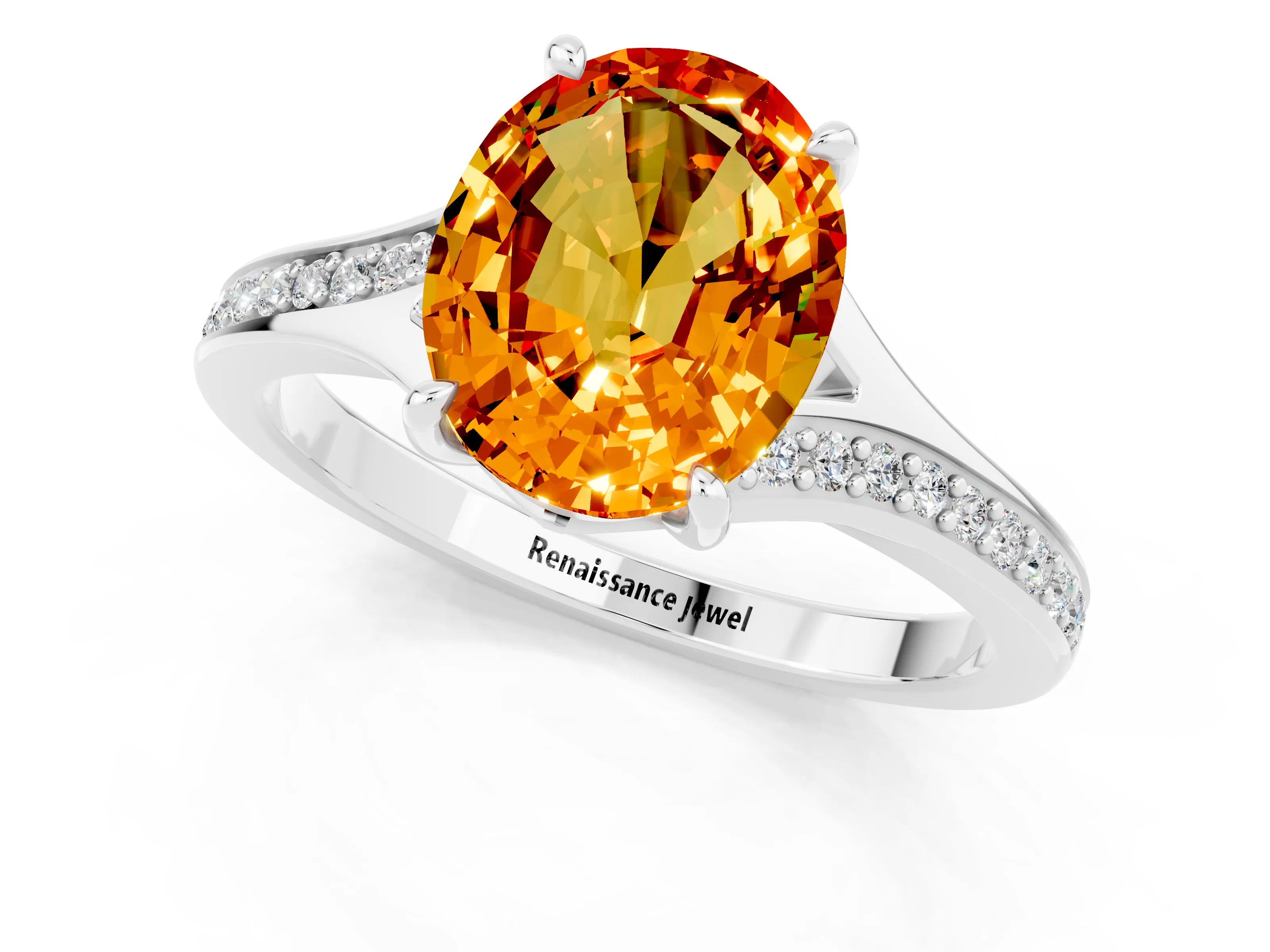 Silver Oval Cut Citrine Solitaire Ring with Pavé Band and Prong Setting_13