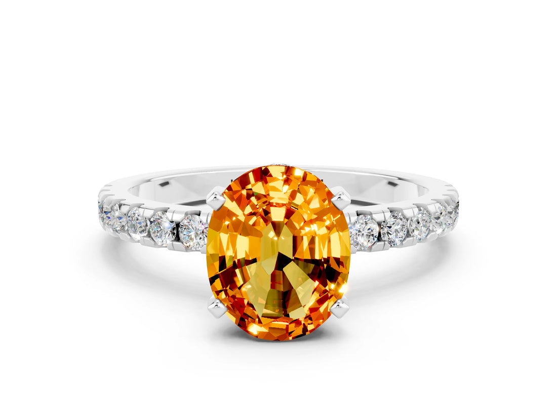 Silver Oval Cut Citrine Solitaire Ring with Round  Pavé Band and Four-Prong Setting_24