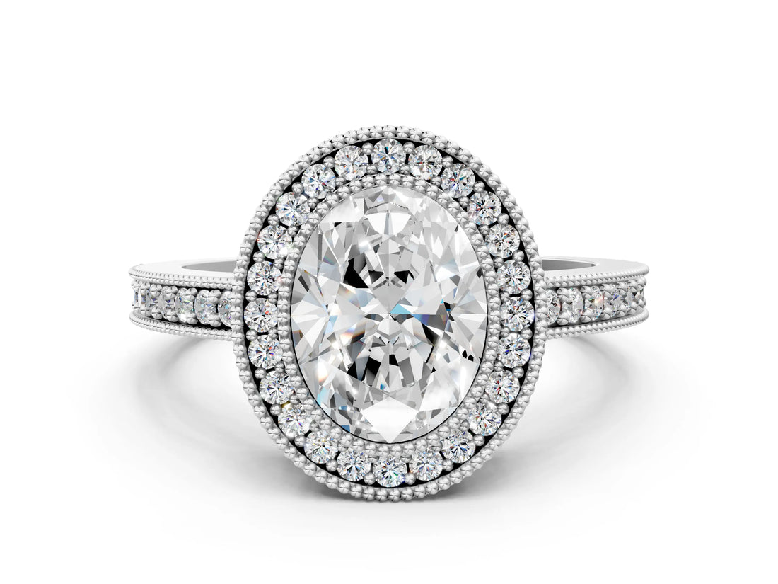 Silver Oval Cut-Cut Diamond Halo Engagement Ring with Pave Band and Prong Setting_25