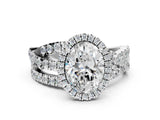 Silver Oval Cut Diamond Halo Ring with Round Split Shank and Prong Setting