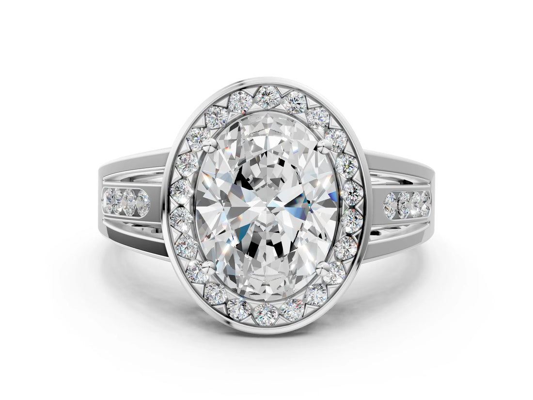 Silver Oval Cut Diamond Halo Ring with Split Shank and Bezel Accents and Prong Setting_13