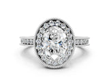 Silver Oval Cut Diamond Milgrain Halo Engagement Ring with Round Pavé Band and Prong Setting_12