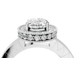 Silver Oval Cut Diamond Milgrain Halo Engagement Ring with Round Pavé Band and Prong Setting_16