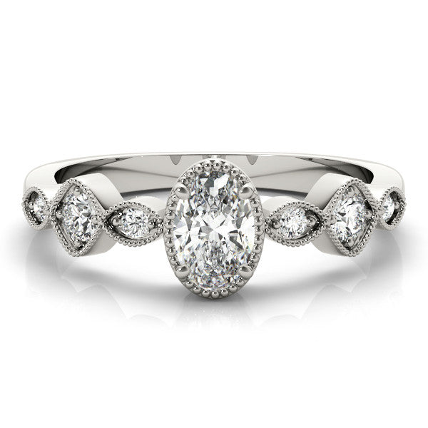 Silver Oval Cut Diamond Milgrain Marquise Band with Prong Setting
