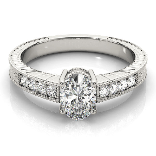 Silver Oval Cut Diamond Milgrain Pave Band with Four-Prong Setting