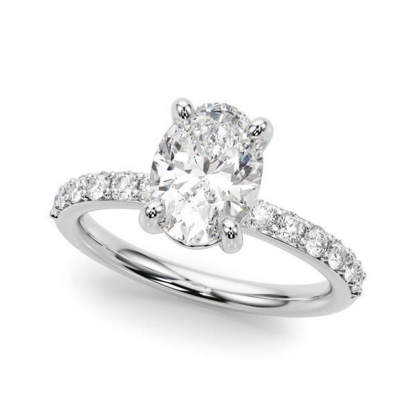 14K White Gold 4.01 Carat E VS1 Oval Cut Diamond Pavé Band Solitaire Ring with Four-Prong Setting