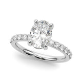 10K White Gold 1.03 Carat E VS1 Oval Cut Diamond Pavé Band Solitaire Ring with Four-Prong Setting
