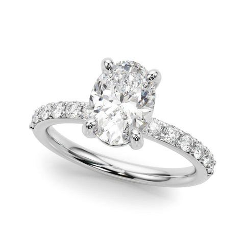 10K White Gold 1.03 Carat E VS1 Oval Cut Diamond Pavé Band Solitaire Ring with Four-Prong Setting
