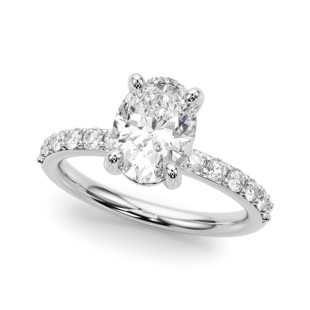 18K White Gold 7.02 Carat F VS1 Oval Cut Diamond Pavé Band Solitaire Ring with Four-Prong Setting