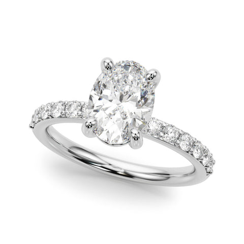 Silver Oval Cut Diamond Pavé Band Solitaire Ring with Four-Prong Setting 2