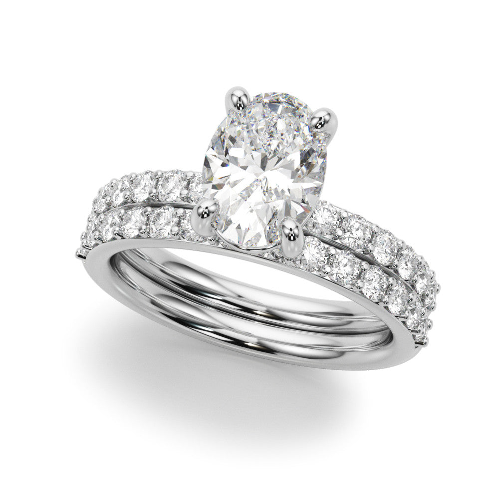 Silver Oval Cut Diamond Pavé Band Solitaire Ring with Four-Prong Setting