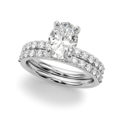 14K White Gold 4.01 Carat E VS1 Oval Cut Diamond Pavé Band Solitaire Ring with Four-Prong Setting