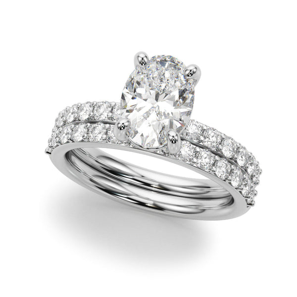 10K White Gold 1.09 Carat E VS1 Oval Cut Diamond Pavé Band Solitaire Ring with Four-Prong Setting