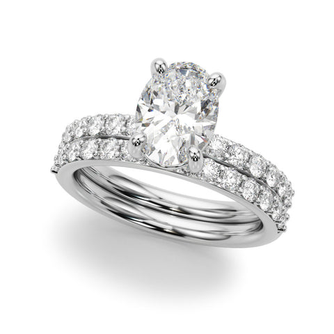 Silver Oval Cut Diamond Pavé Band Solitaire Ring with Four-Prong Setting