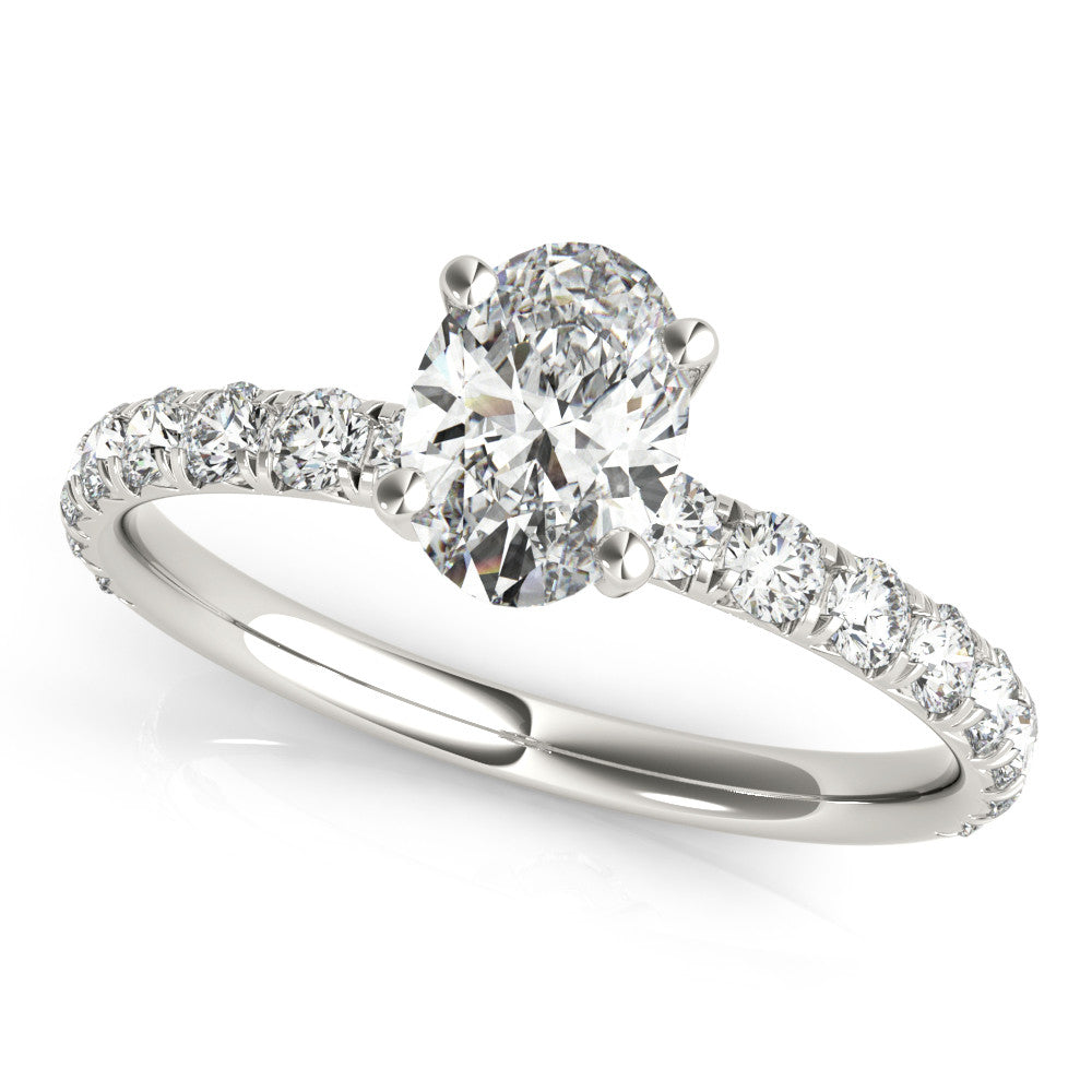 Silver Oval Cut Diamond Pavé Band Solitaire with Four-Prong Setting 2