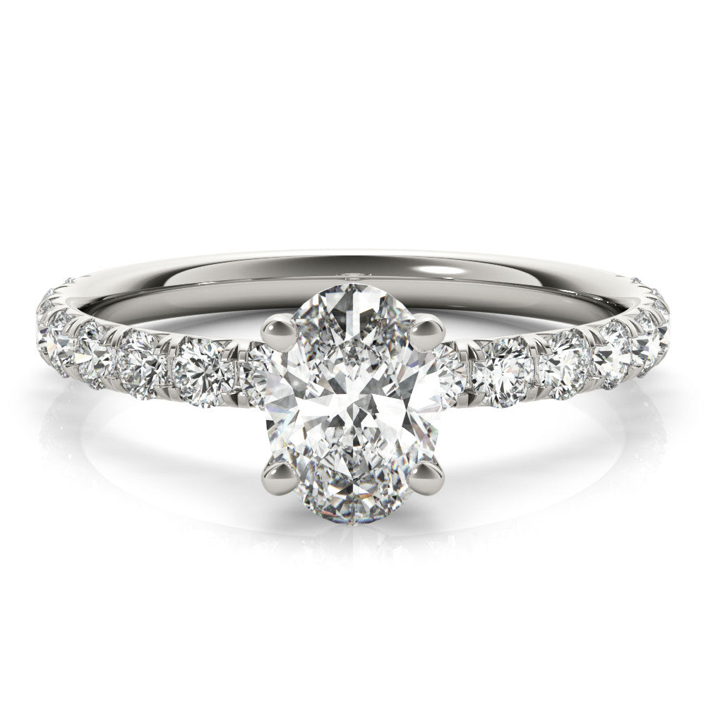 Silver Oval Cut Diamond Pavé Band Solitaire with Four-Prong Setting