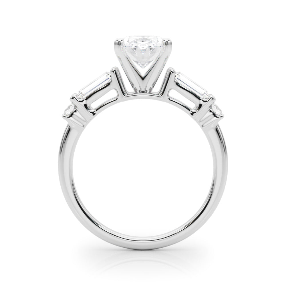 Silver Oval Cut Diamond Ring with Baguette Side Stones, Channel Set Band, and Four-Prong Setting 1