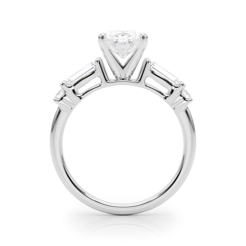 Silver Oval Cut Diamond Ring with Baguette Side Stones, Channel Set Band, and Four-Prong Setting 1