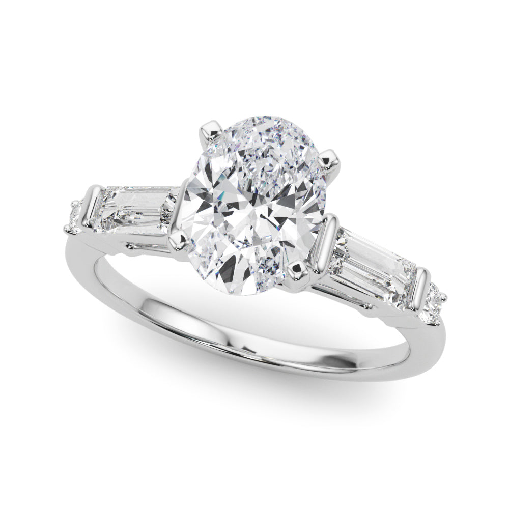 Silver Oval Cut Diamond Ring with Baguette Side Stones, Channel Set Band, and Four-Prong Setting 2