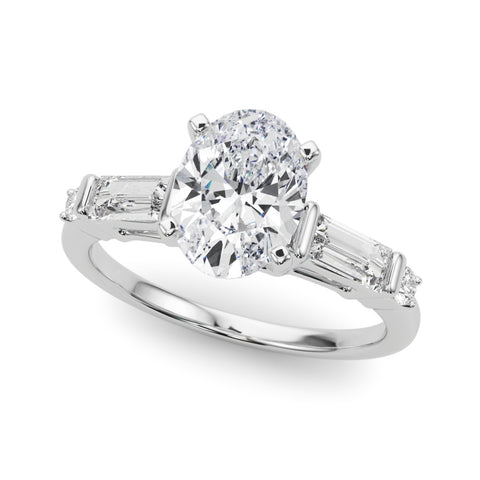 Silver Oval Cut Diamond Ring with Baguette Side Stones, Channel Set Band, and Four-Prong Setting 2