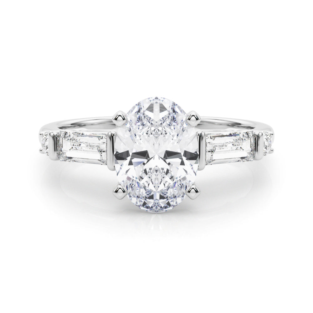 Silver Oval Cut Diamond Ring with Baguette Side Stones, Channel Set Band, and Four-Prong Setting