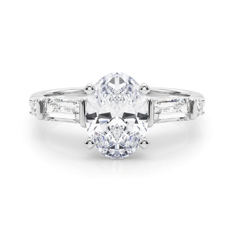 Silver Oval Cut Diamond Ring with Baguette Side Stones, Channel Set Band, and Four-Prong Setting