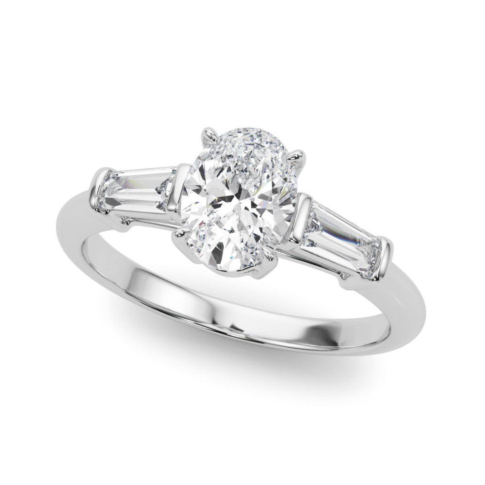 Silver Oval Cut Diamond Ring with Tapered Baguette Side Stones on a Platinum Band with Four-Prong Setting 1