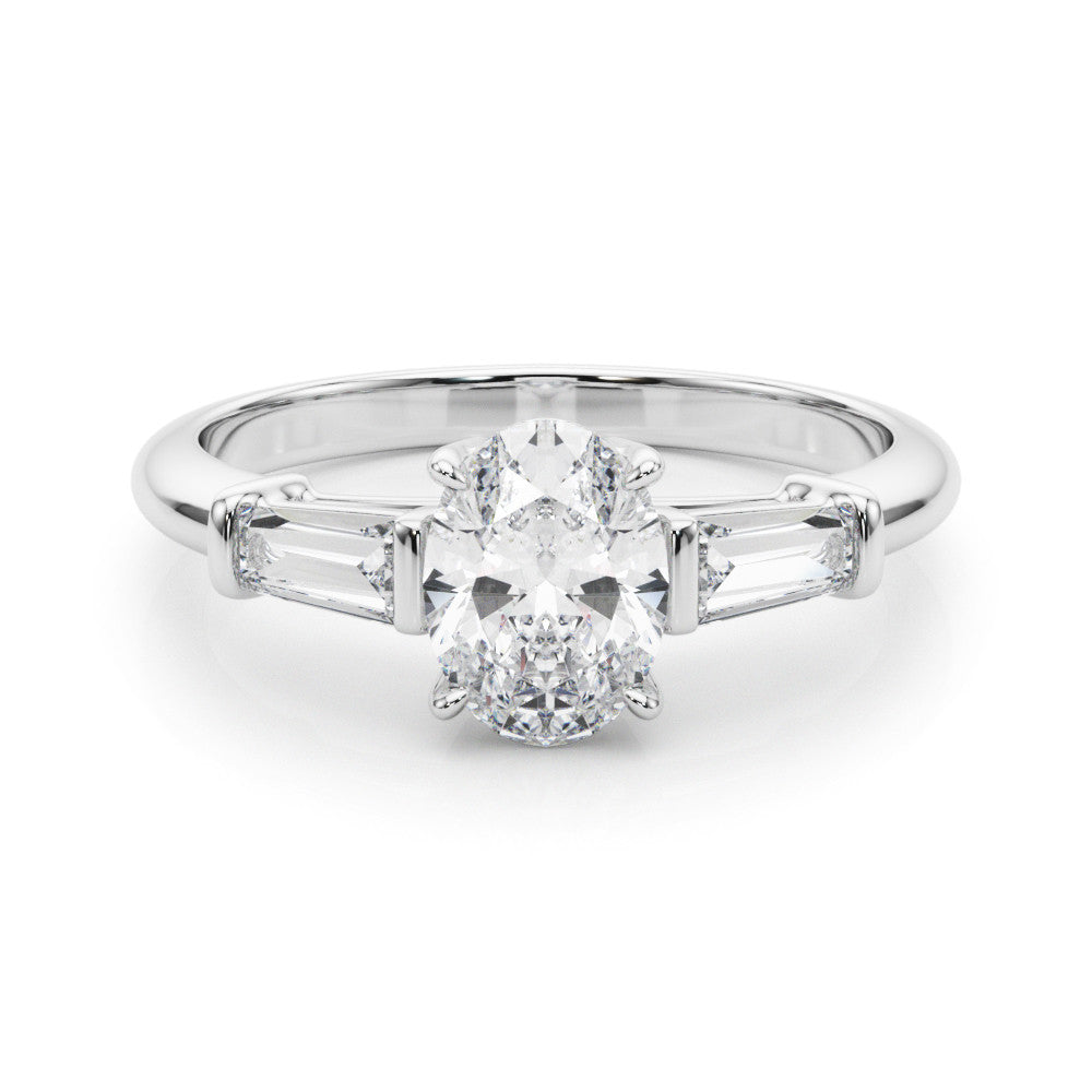 Silver Oval Cut Diamond Ring with Tapered Baguette Side Stones on a Platinum Band with Four-Prong Setting 2