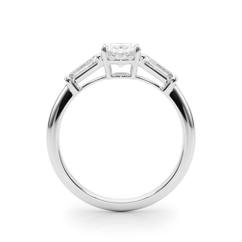 Silver Oval Cut Diamond Ring with Tapered Baguette Side Stones on a Platinum Band with Four-Prong Setting
