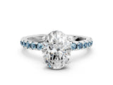 Silver Oval Cut Diamond Solitaire Ring with Round with Aquamarine side stone Pavé Band and Four-Prong Setting_12