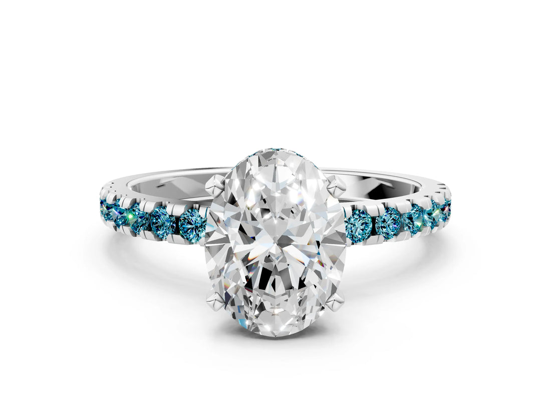 Silver Oval Cut Diamond Solitaire Ring with Round with Blue Topaz side stone Pavé Band and Four-Prong Setting_12