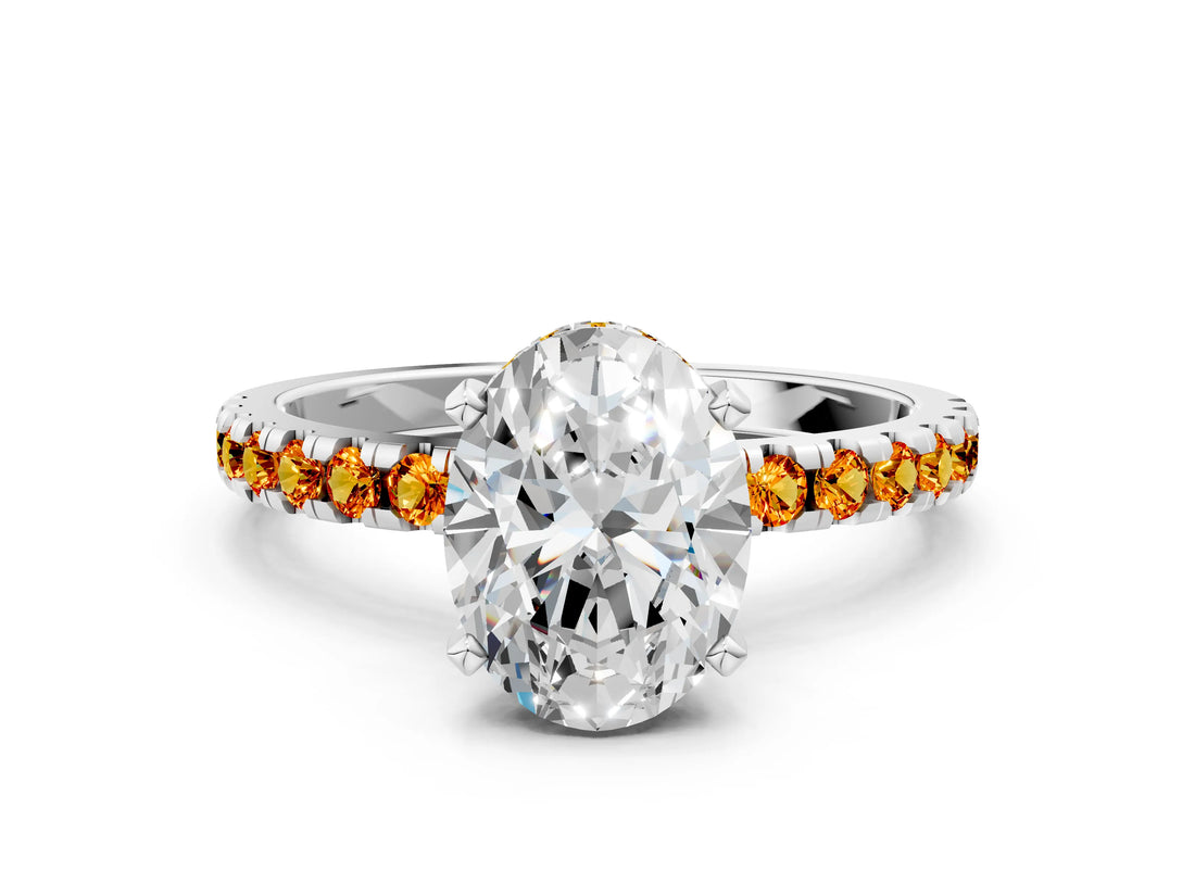 Silver Oval Cut Diamond Solitaire Ring with Round with Citrine side stone Pavé Band and Four-Prong Setting_12