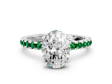 Silver Oval Cut Diamond Solitaire Ring with Round with Emerald side stone Pavé Band and Four-Prong Setting_12