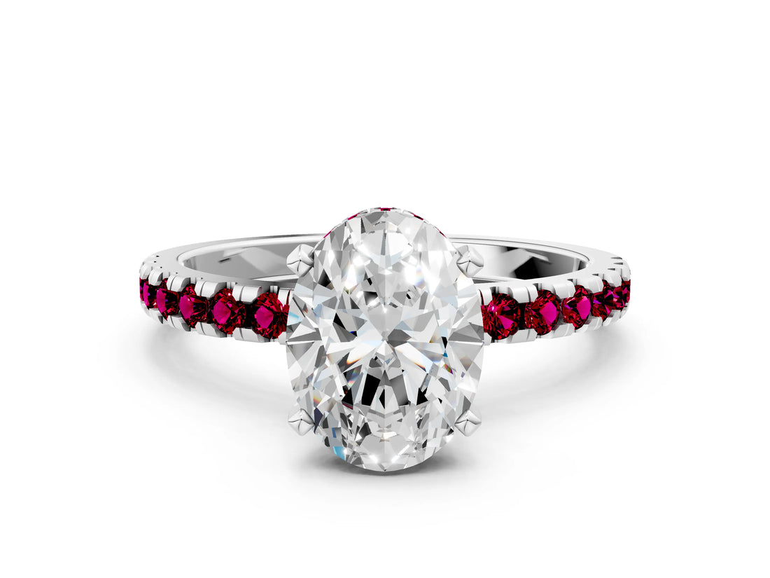 Silver Oval Cut Diamond Solitaire Ring with Round with Garnet side stone Pavé Band and Four-Prong Setting_12