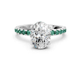 Silver Oval Cut Diamond Solitaire Ring with Round with Green Sapphire side stone Pavé Band and Four-Prong Setting_12