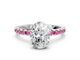Silver Oval Cut Diamond Solitaire Ring with Round with Pink Sapphire side stone Pavé Band and Four-Prong Setting_12