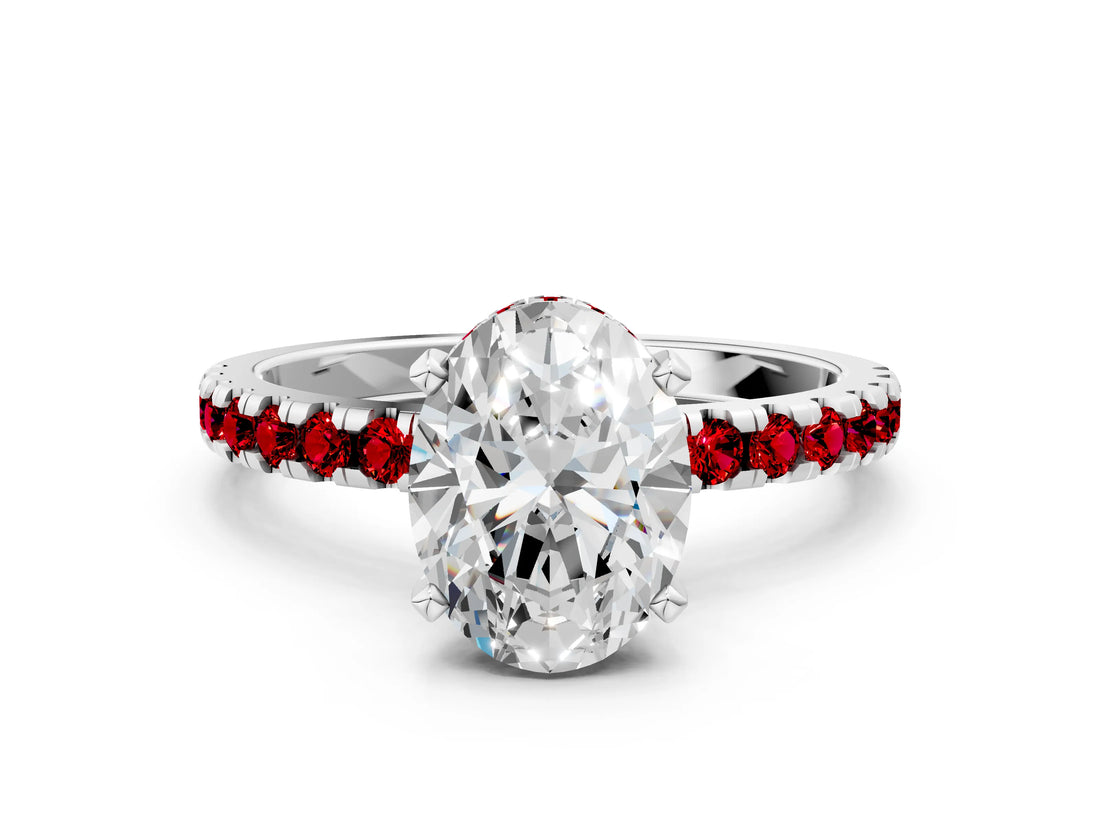 Silver Oval Cut Diamond Solitaire Ring with Round with Ruby side stone Pavé Band and Four-Prong Setting_12