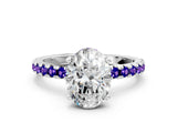 Silver Oval Cut Diamond Solitaire Ring with Round with Tanzanite side stone Pavé Band and Four-Prong Setting_12