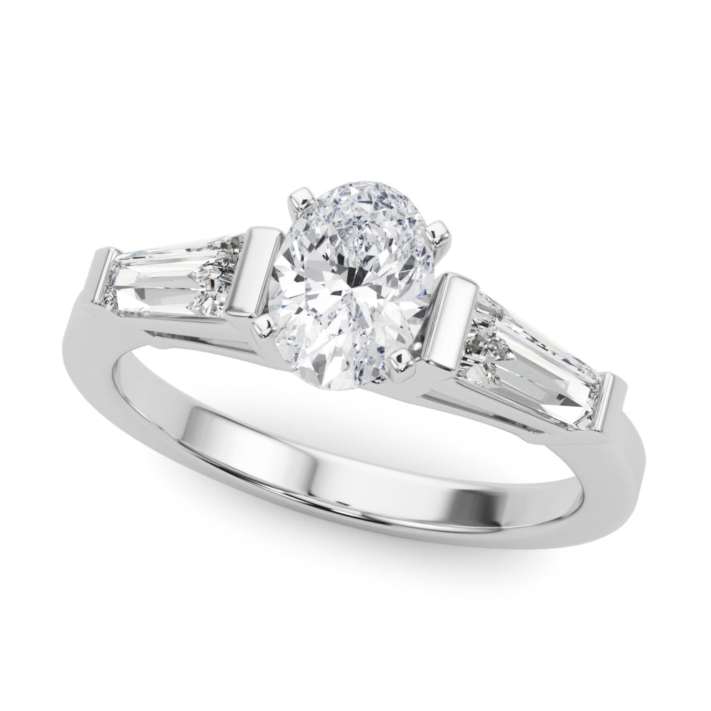 Silver Oval Cut Diamond Solitaire Ring with Tapered Baguette Accents and Four-Prong Setting 2