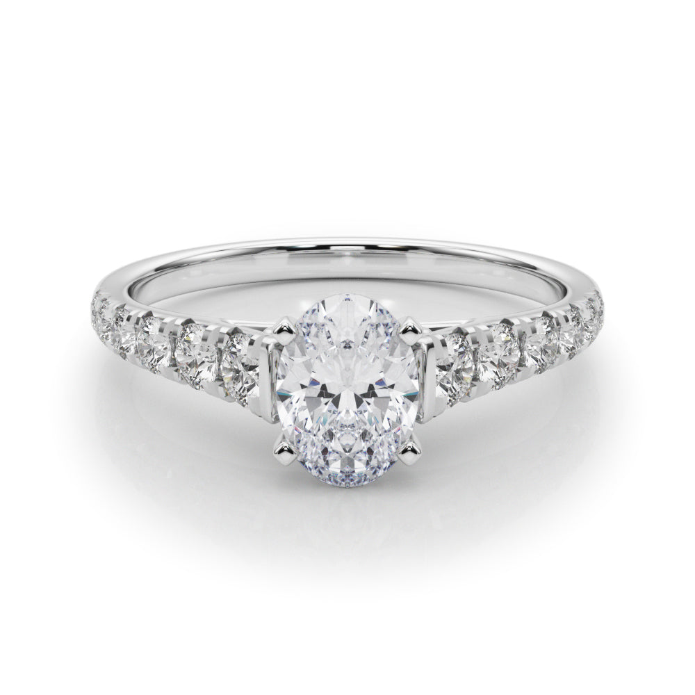 Silver Oval Cut Diamond Solitaire with Pave Band and Four-Prong Setting
