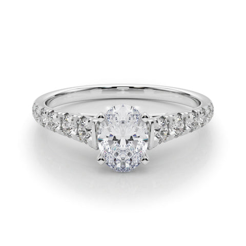 18K White Gold 1.06 Carat E VVS1 Oval Cut Diamond Solitaire with Pave Band and Four-Prong Setting