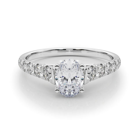 Silver Oval Cut Diamond Solitaire with Pave Band and Four-Prong Setting