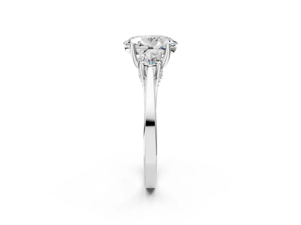 Silver Oval Cut Diamond Three-Stone Engagement Ring with Prong Setting and Pavé Band