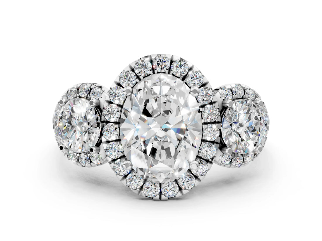 Silver Oval Cut Diamond Three-Stone Halo Ring with Prong Setting and Pavé Accents_13