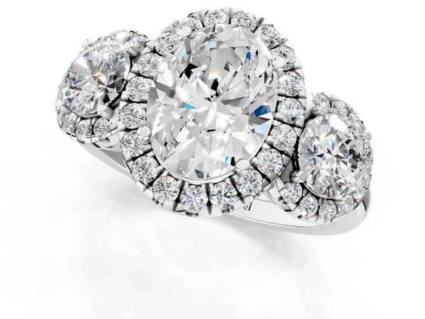 Sterling Silver Oval Three Stone Halo Engagement Ring Setting